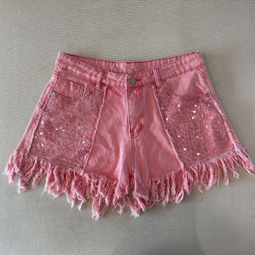 Pink Fringed Denim Shorts with Sequin Pockets